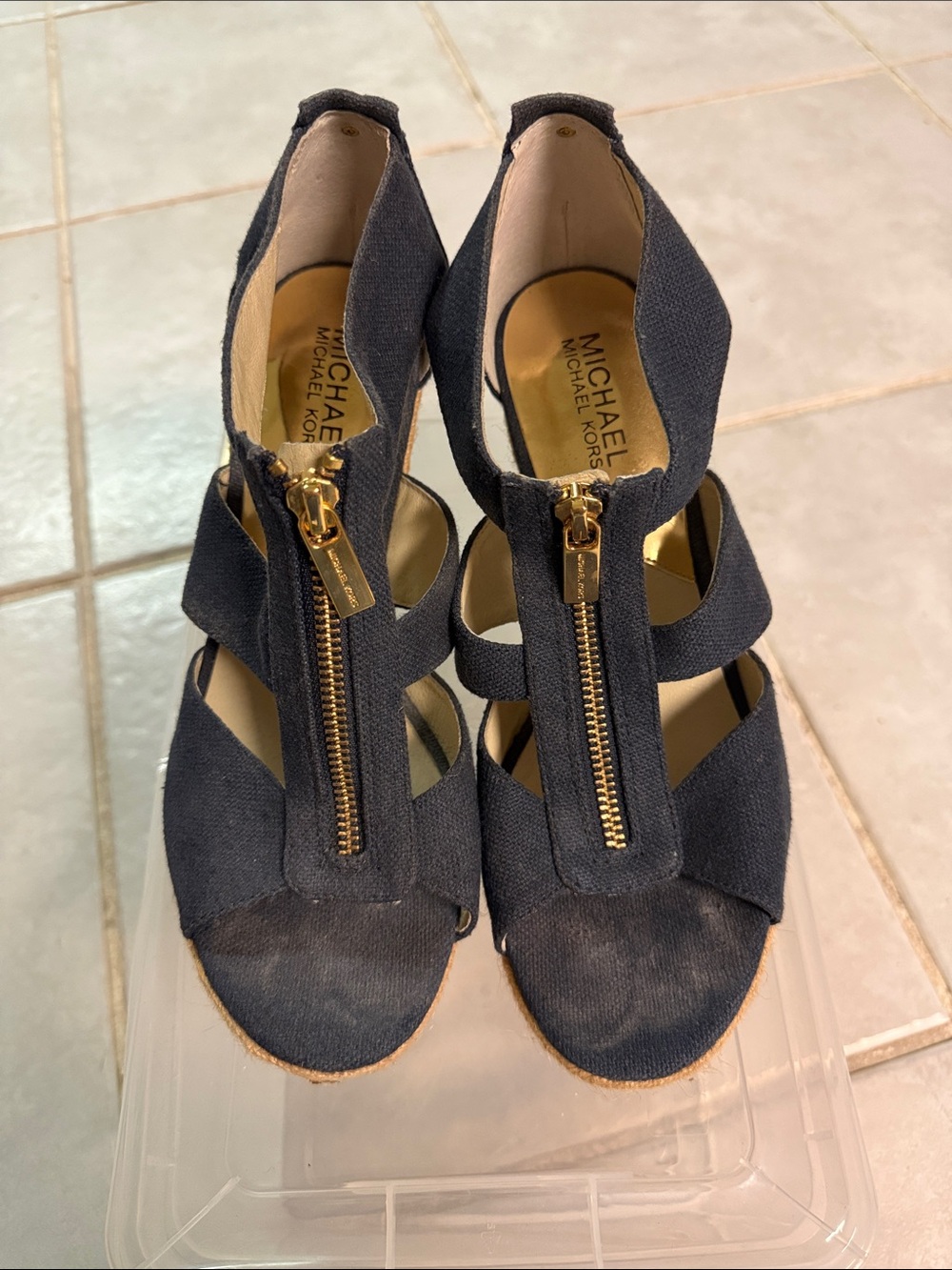 Michael Kors Black Strappy Wedge Sandals with Gold Zip